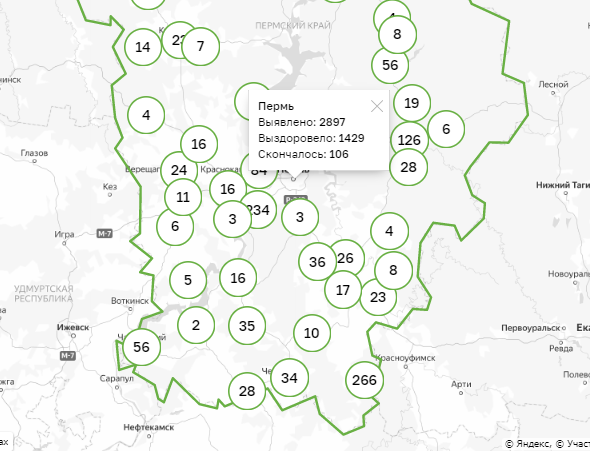 Карта заражения коронавирусом по территориям Пермского края. 14 июля